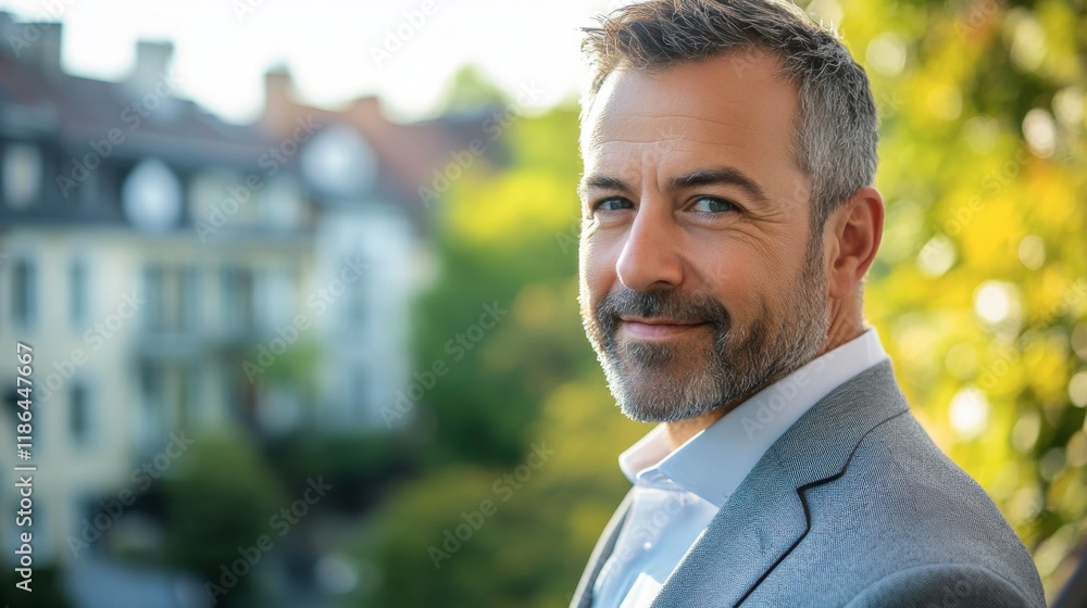 Obraz premium Confident Man Portrait: A portrait of a successful, middle-aged man with salt and pepper hair and beard, exuding confidence and sophistication.