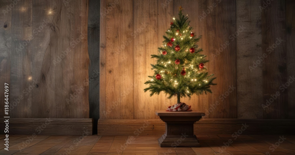 A beautifully adorned Christmas tree sits atop a wooden pedestal against a rustic background , ornaments, wooden A beautifully adorned Christmas tree sits atop a wooden pedestal against a rustic background , ornaments, wooden
