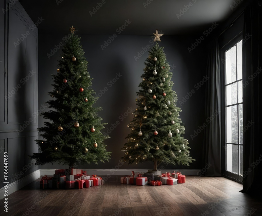 Fototapeta premium A beautiful Christmas tree in a minimalist room on a dark and moody black background, christmas decorations, winter interior