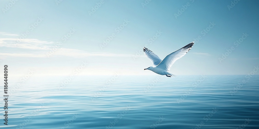 Seagull flying over calm ocean; serene sky Seagull flying over calm ocean; serene sky