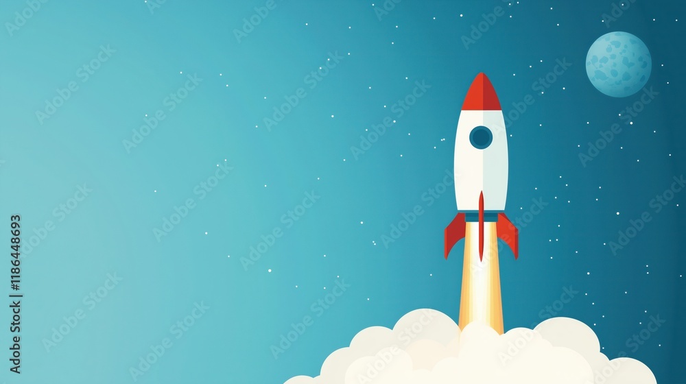 Rocket Launching into Starry Sky for World Space Week Celebration with Moon and Blue Background Rocket Launching into Starry Sky for World Space Week Celebration with Moon and Blue Background