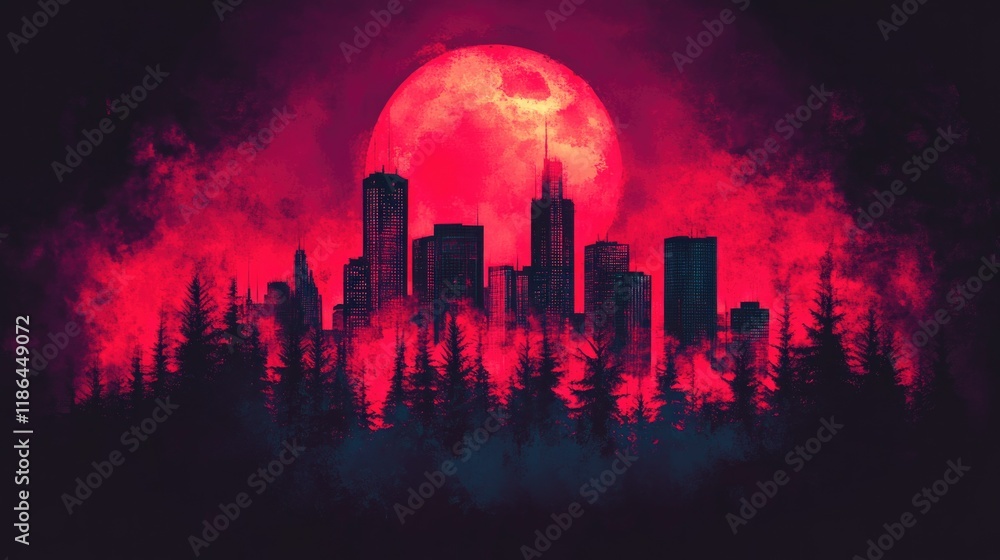 Fototapeta premium Surreal city skyline under a vibrant red moon