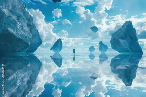 A serene landscape featuring icebergs and a reflective water surface under a bright sky.