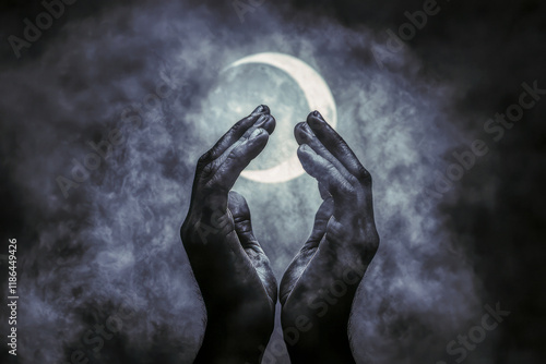 Wallpaper Mural Mysterious hands framing a crescent moon surrounded by mist, evoking themes of magic, spirituality, and mysticism Torontodigital.ca