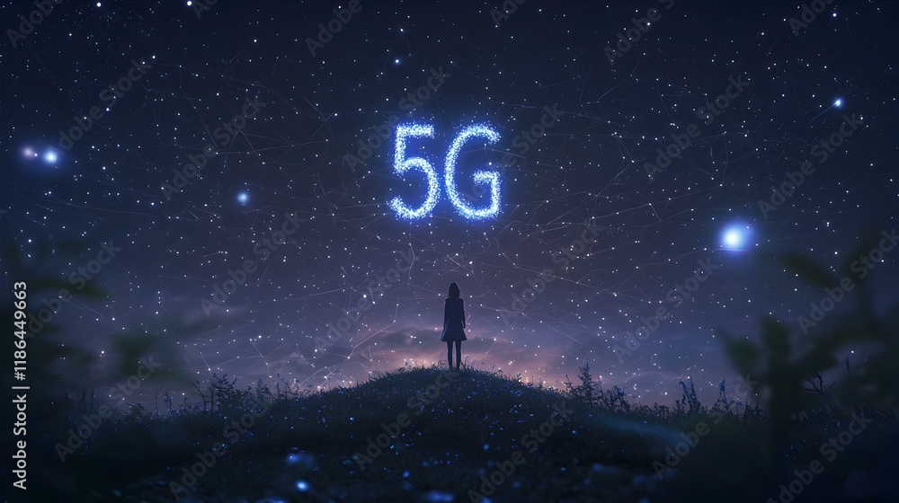 Silhouette of a girl gazing at a 5G network represented by stars in a night sky. Silhouette of a girl gazing at a 5G network represented by stars in a night sky.