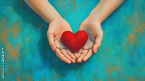 Gentle Hands Carefully Holding a Red Heart on a Teal Background. photo