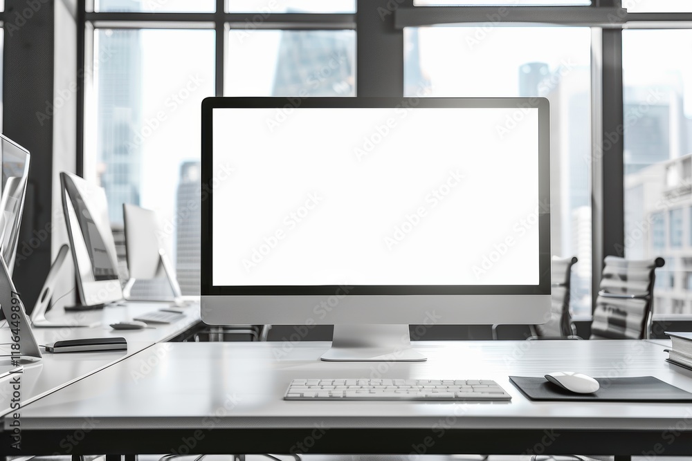 Fototapeta premium Minimalist office with a white monitor screen, open for creative designs