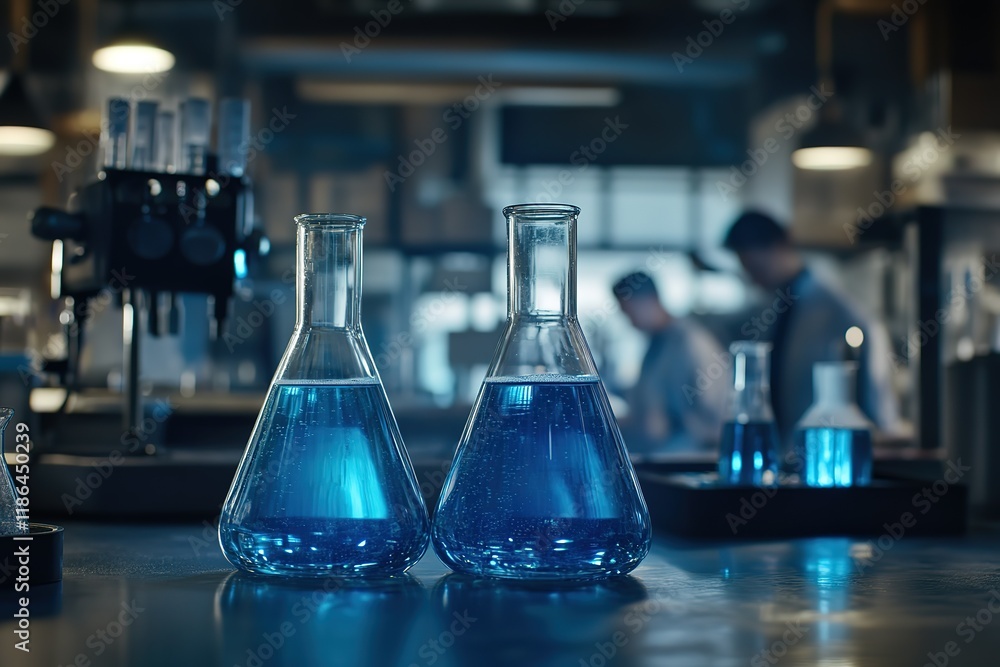 Close-up of blue liquid in beakers and flasks on a table, scientists working behind lab equipment in the background, wide shot, depth of field. Close-up of blue liquid in beakers and flasks on a table, scientists working behind lab equipment in the background, wide shot, depth of field.