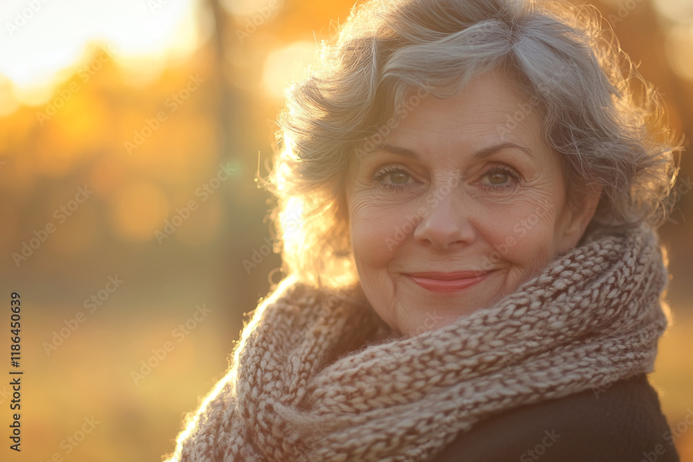 Smiling woman in a cozy scarf enjoying a golden autumn afternoon in a park setting Smiling woman in a cozy scarf enjoying a golden autumn afternoon in a park setting