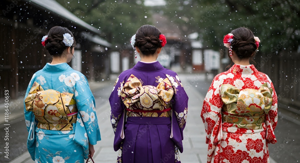 Three Women in Kimono Returning from Coming-of-Age Ceremony in Falling Snow Three Women in Kimono Returning from Coming-of-Age Ceremony in Falling Snow