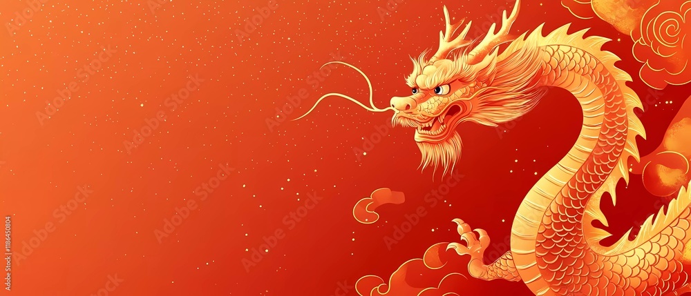 Chinese New Year banner with a golden dragon, in a flat illustration style, vector design, greeting card template design. Chinese New Year banner with a golden dragon, in a flat illustration style, vector design, greeting card template design.