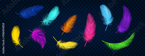 Feather color. Falling plumage 3D bird. Realistic plume animal goose. Airy symbol, soft decorative flying fluff. Design shape quill pen letter. Lightweight sign. Smooth bird. Vector isolated icon