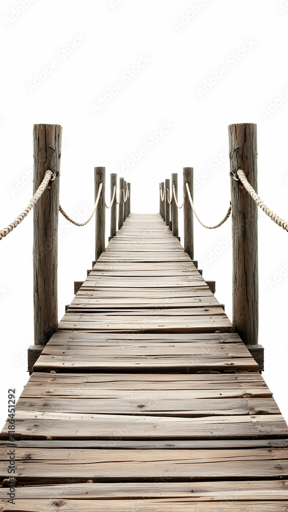 Obraz premium Rustic Wooden Dock Path Ocean View, Summer, Travel, Adventure, Journey, Exploration, Wooden Plank Walkway, Rope Railings, Isolated