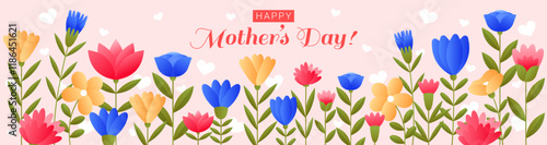 Happy Mothers Day. Geometric blossom bunch, floral card, romantic flower decoration, feminine design. Decorative horizontal banner. Simple minimalistic plant. Vector paper garish modern background