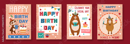 Birthday card. Happy kids party celebration. Elements hat, cake, animal character. Bear and sloth. Poster with gifts, confetti decoration. Banner balloons. Vector tidy cartoon flat isolated background