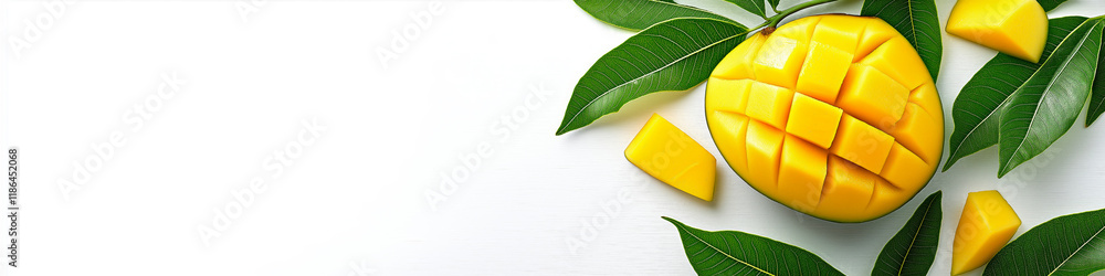 Ripe mangos and mango slices with green leaves arranged on white background. Mango wallpaper, banner Ripe mangos and mango slices with green leaves arranged on white background. Mango wallpaper, banner