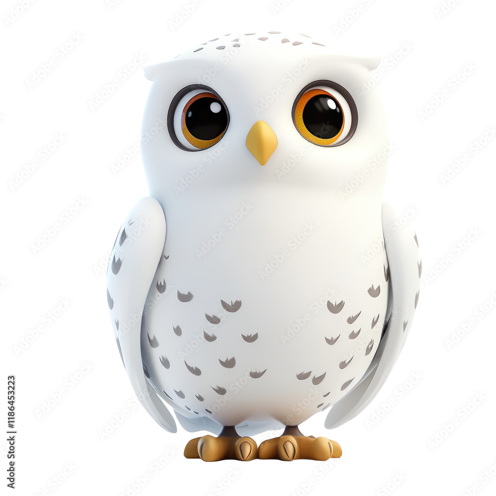 Obraz premium Cute 3D Cartoon Snowy Owl Character Design on transparent background for Illustrations and Graphic Projects