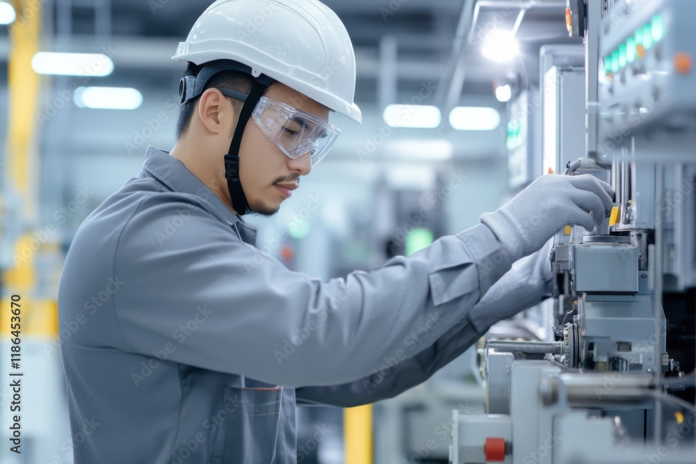 Focused Precision: A skilled technician in safety gear meticulously works on complex machinery in a modern industrial setting. Focused Precision: A skilled technician in safety gear meticulously works on complex machinery in a modern industrial setting.