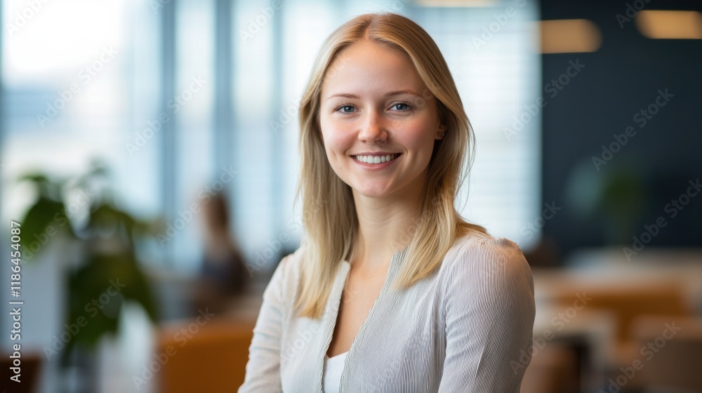Confident Businesswoman: A young, confident businesswoman with blonde hair and a bright smile looks directly at the camera with an air of determination. She is wearing a smart casual outfit. Confident Businesswoman: A young, confident businesswoman with blonde hair and a bright smile looks directly at the camera with an air of determination. She is wearing a smart casual outfit.