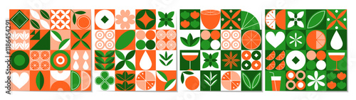 Orange pattern. Food background. Icon tangerine, abstract fruit flower, green leaf. Retro design in Bauhaus style, seamless geometric wallpaper collection, plant organic shape. Vector garish flat set