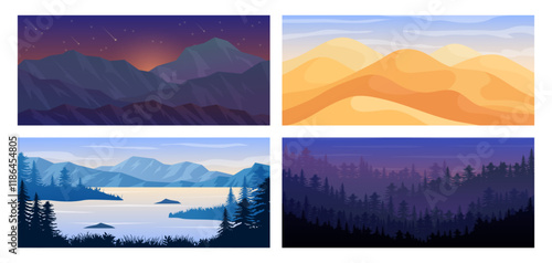 Mountains abstract background. Nature landscape. Desert and valley lake. Flat horizon. Game design graphics. Sunrise sky. Outdoor panorama. Night forest scenery. Vector garish natural wallpapers set