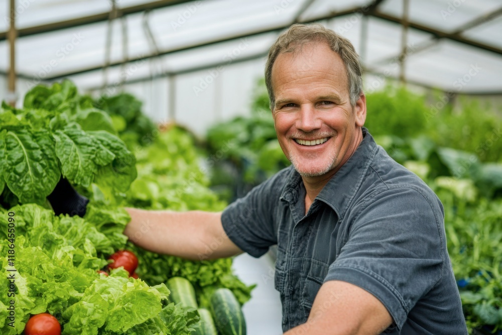 Smiling Farmer: A weathered, yet youthful farmer exudes pride and passion as he tends to his bountiful greenhouse, where fresh lettuce and tomatoes thrive under the sunlight. Smiling Farmer: A weathered, yet youthful farmer exudes pride and passion as he tends to his bountiful greenhouse, where fresh lettuce and tomatoes thrive under the sunlight.