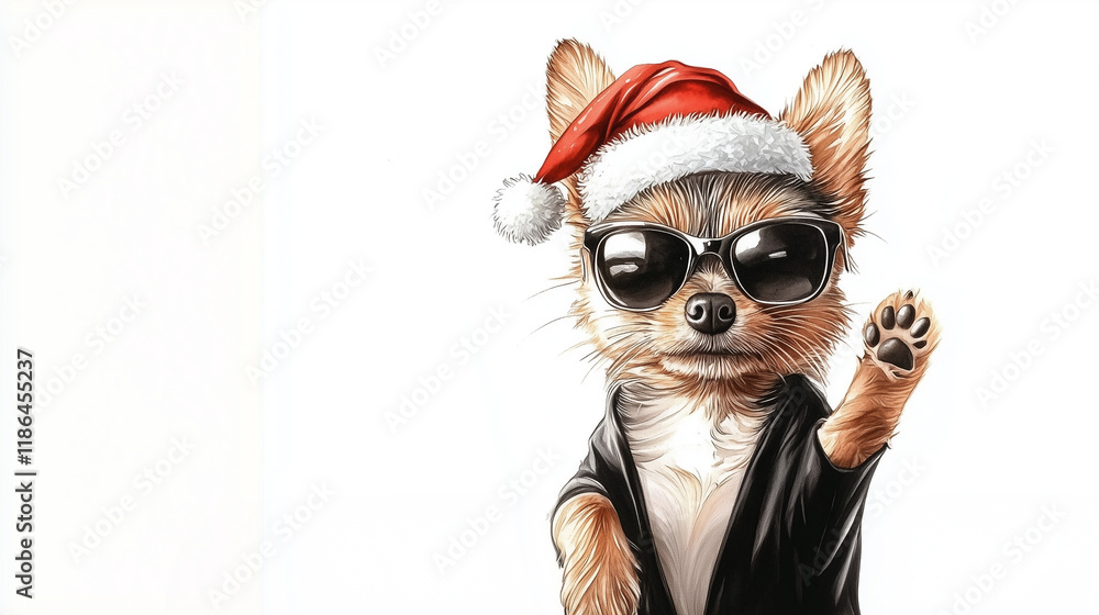Cute yorkshire terrier dog with sunglasses and santa claus hat. Watercolor painting, high detailed, isolated on white Cute yorkshire terrier dog with sunglasses and santa claus hat. Watercolor painting, high detailed, isolated on white