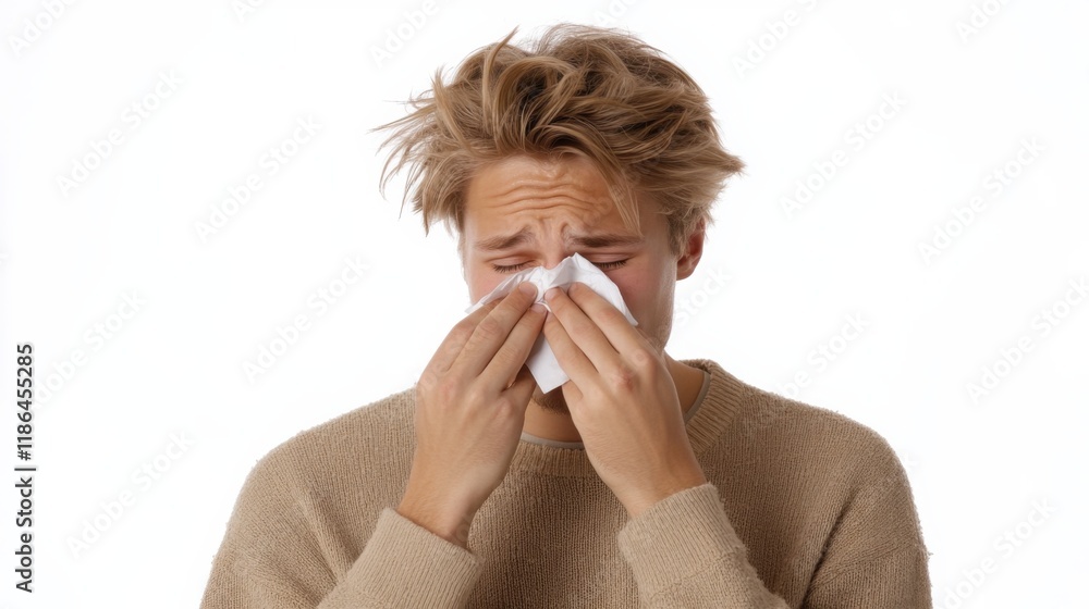 Man Blowing His Nose: A close-up shot of a young man with messy blonde hair blowing his nose with a tissue, a relatable portrayal of the discomfort associated with illness or allergies. Man Blowing His Nose: A close-up shot of a young man with messy blonde hair blowing his nose with a tissue, a relatable portrayal of the discomfort associated with illness or allergies.