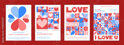 Love pattern. Card heart geometry, minimalistic style. Mosaic of Valentines Day. 14 February poster collection. Flyer with romantic typography. Pink elements modern design. Vector garish background