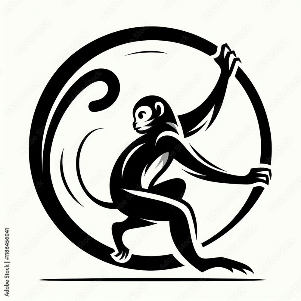 Black silhouette of a monkey in a climbing pose with long limbs, curved tail, and expressive face in a circular frame. Minimalist design with bold lines, showcasing agility and energy on a white backg Black silhouette of a monkey in a climbing pose with long limbs, curved tail, and expressive face in a circular frame. Minimalist design with bold lines, showcasing agility and energy on a white backg