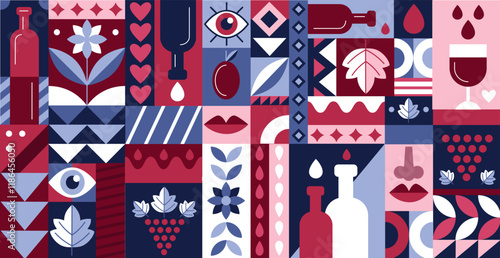 Wine pattern. Abstract food. Winery icon. Summer alcohol party. Grape juice drink. Alcohol beverage. Graphic poster of vineyard. Geometric shape. Flat liquor bottle. Vector tidy brutalist background