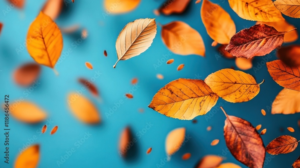 Vibrant Autumn Leaves Floating Through Bright Blue Space, Capturing the Essence of Fall with Stunning Visuals of Nature's Beauty and Light Vibrant Autumn Leaves Floating Through Bright Blue Space, Capturing the Essence of Fall with Stunning Visuals of Nature's Beauty and Light
