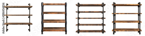 Rustic industrial style wooden and metal shelving units or storage racks with pipe frames perfect for home office or retail display and organization photo