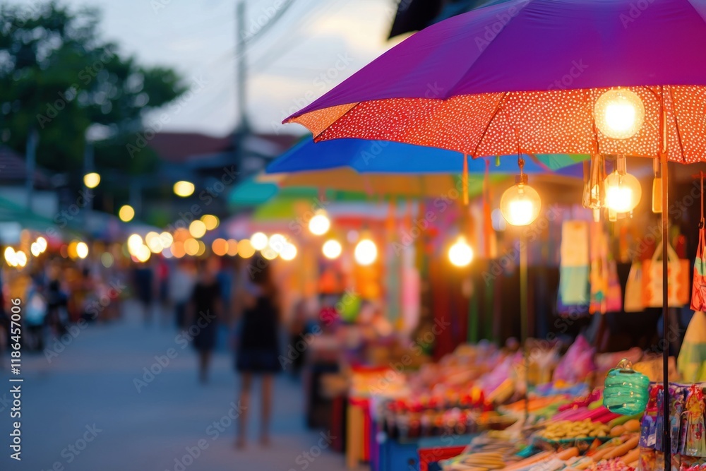 Obraz premium Colorful Market Scene with Umbrellas and Warm Lights at Dusk