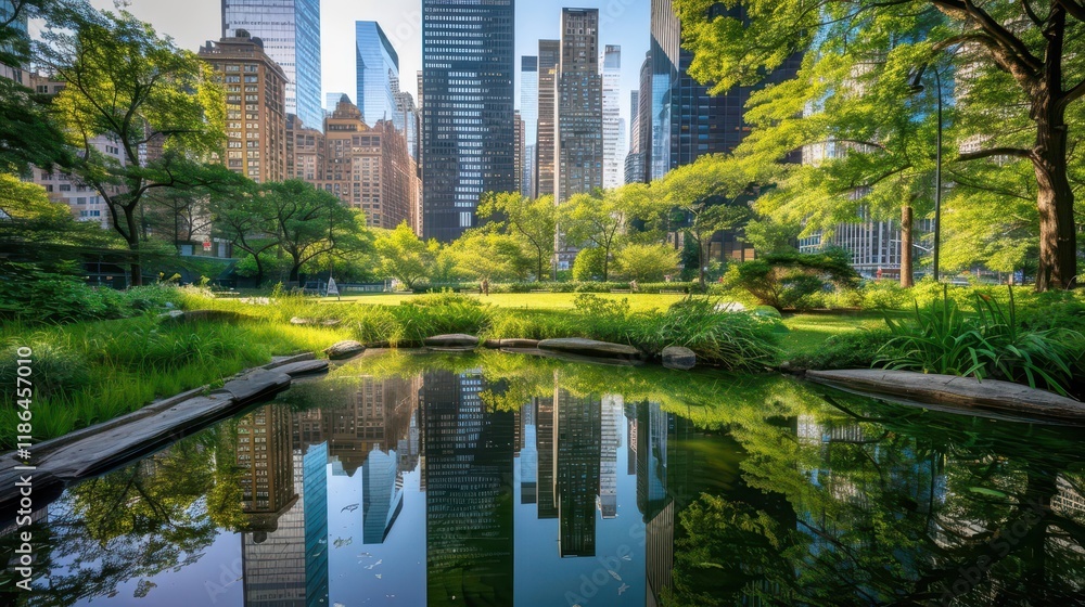 Fototapeta premium A serene park scene with a reflective pond amidst towering skyscrapers and lush greenery.