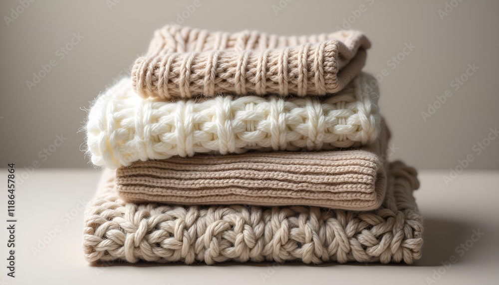 Fototapeta premium Neatly stacked knitted sweaters in soft neutral tones, showcasing cozy fashion and seasonal textile appeal 