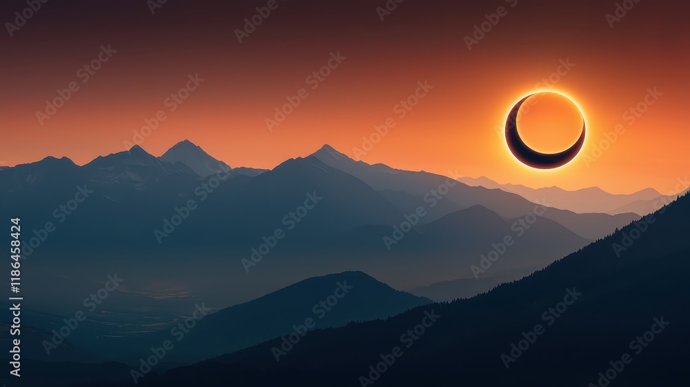 Fototapeta premium Dramatic Sunset Silhouette of Mountains with Partial Solar Eclipse