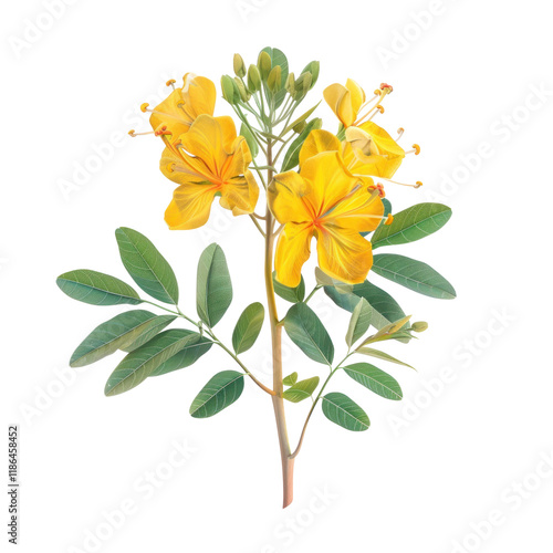 Isolated Senna Plant with Yellow Flowers on Clean transparent background for Botanical Illustrations