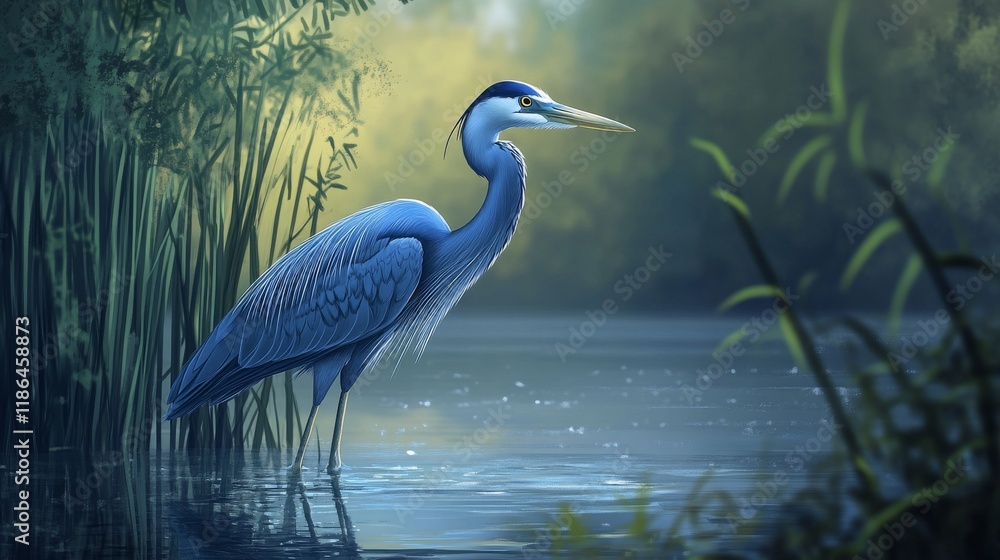 Fototapeta premium Great Blue Heron Standing Serene in Calm Water Surrounded by Reeds