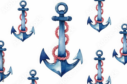 Watercolor pattern of anchors on a white background photo