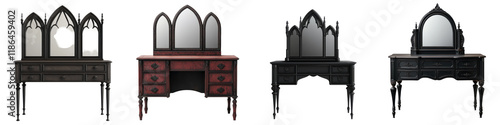 Beautifully crafted and ornately designed antique wooden desks vanities and dressers with gothic inspired architectural elements perfect for creating an elegant sophisticated photo