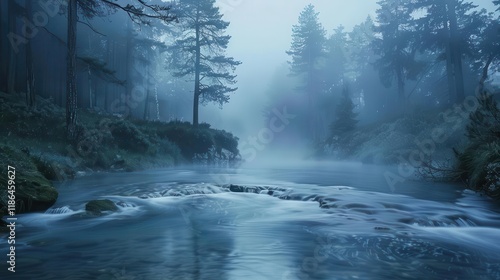 A serene river flows through a misty forest, evoking tranquility and natural beauty.