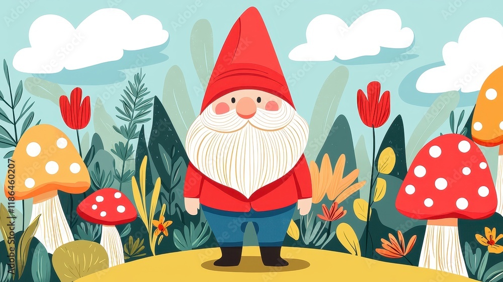Fototapeta premium Charming Garden Gnome in Vibrant Floral Setting with Mushrooms