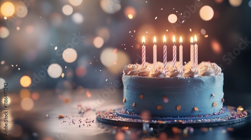 blue birthday cake with candles and confetti on a blurred background
