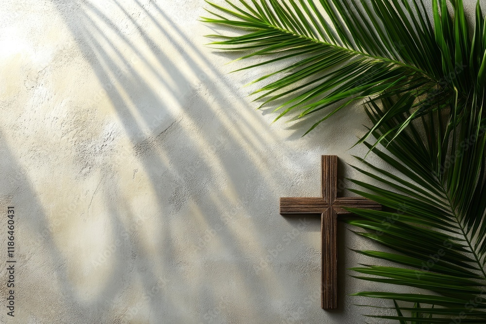 Palm sunday background. Cross and palm on grey background.