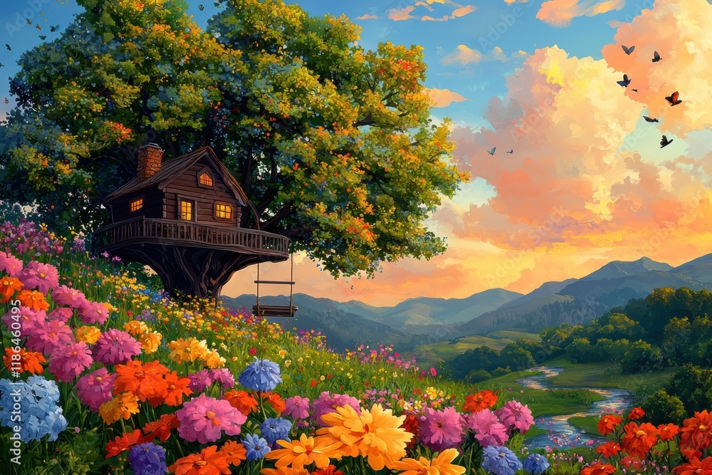 Obraz premium Enchanted Treehouse Surrounded by Colorful Flowers and Sunset Sky