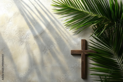 Obraz na płótnie Palm sunday background. Cross and palm on grey background. w salonie