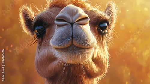 Close-up of a camel's curious face, showcasing its distinctive toe pads and wispy eyelashes, set against a warm,. Shimmerfall. Illustration photo