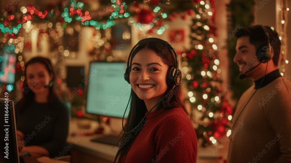 Holiday Cheer at the Call Center: A diverse team of customer service representatives are decked out in festive holiday spirit. Holiday Cheer at the Call Center: A diverse team of customer service representatives are decked out in festive holiday spirit.