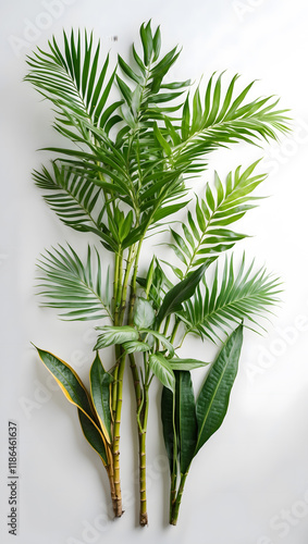 ush green tropical plants against a plain white background, are ideal for tropical-themed designs, nature posters, or botanical-themed graphics. Tropical foliage on a white backdrop photo